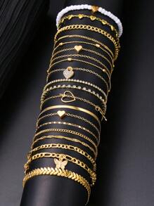 19pcs Beach Holiday Style Heart, Butterfly, Bead, Rhinestone, Geometric Round Bead, Snake Bone Chain, Plane Chain, Minimalist Metal Chain Bracelet & Anklet Jewelry Set, Fashionable, Elegant, Vintage, Suitable For Holiday, Party, Daily Wear, Gift - Yellow Gold - View 1