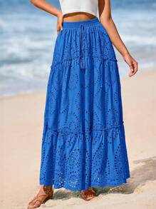 Women's Casual Lace Embroidery Eyelet Elastic High Waist Tiered A-Line Flowy Long Skirt Summer Boho Bohemian Beach Spring Holiday Vacation Going Out Valentine Long Maxi Skirt Outfits - 藍色 - 查看 3