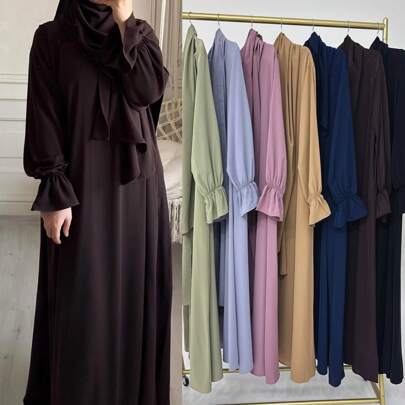 1pc Muslim Women Abaya Dress With Headcover, Floral Sleeve Design, Pleated Fabric, Loose And Comfortable, For Muslim Women Daily Wear, Prayer, Dubai Fashion,Modest