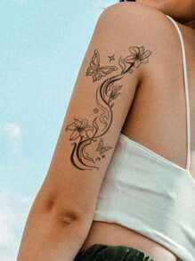 1pc Waterproof Temporary Tattoo Sticker, Elegant Floral & Butterfly Design, High-Quality Temporary Tattoo Sheet Suitable For Fashionable People, Fake Tattoo Arm Use