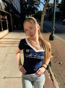 夏季蕾丝拼布字母印花街头性感优雅女式T恤狂欢装