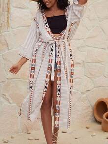 女士几何印花蝙蝠袖长袖系带度假和服罩衫 - 白色 - 查看 4