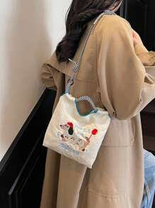 Fashionable Cartoon Dog Mini Crossbody Bag For Women, Versatile Handbag, Contrast-Color Embroidery Commuter Shoulder Bag, Phone Pouch