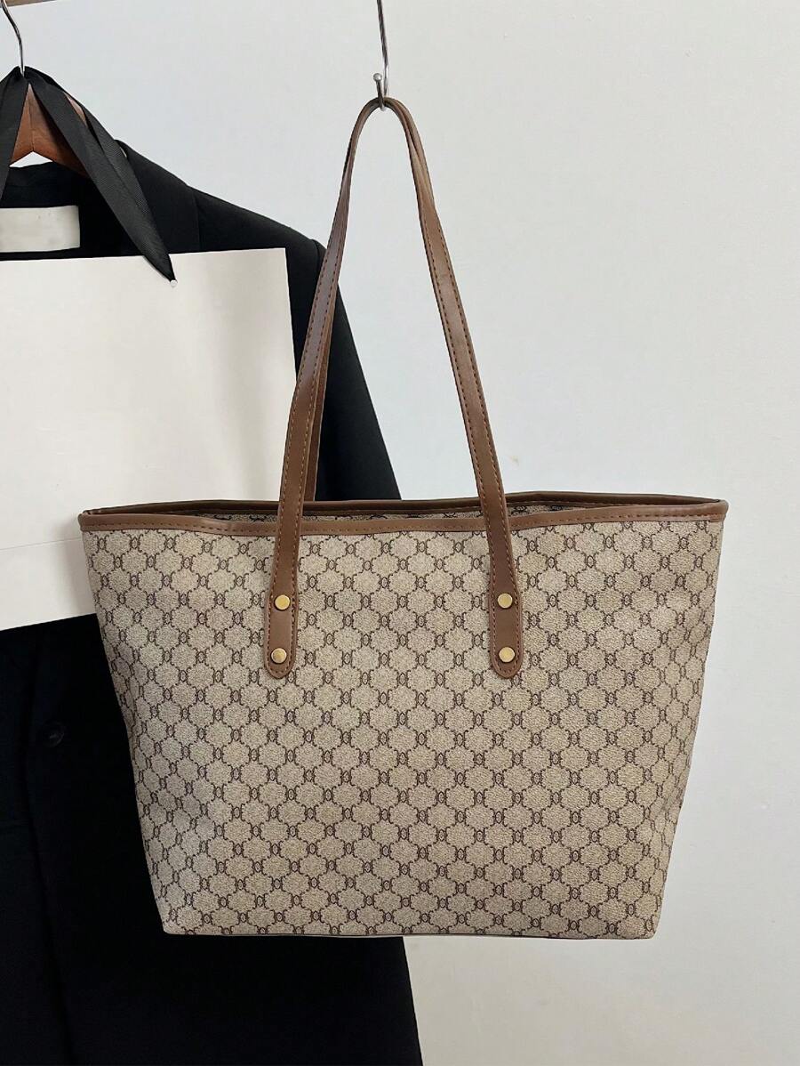 حقيبة كتف كبير بطباعة متكررة مقبض مزدوج للعمل