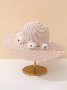 1pc Women's Summer New Chiffon Floral Beach Hat, Woven Straw Hat, Large Brim UV Protection Sun Hat For Outdoor Travel - Round Straw Hat - View 11