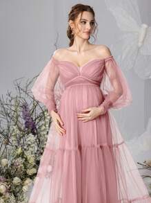 Faeriesty Dressalisa Elegant Off-Shoulder Maternity Gown With Lantern Sleeves & Flowing Tulle A-Line Skirt – Baby Shower Dresses For Bridal Showers, Formal Dinners, Garden Weddings, Maternity Celebrations, Upscale Gatherings