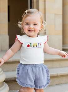 2Pcs Toddler Girl Summer Outfits Ruffle Sleeve Embroidery Tops + Plaid Shorts Set Kids Clothes