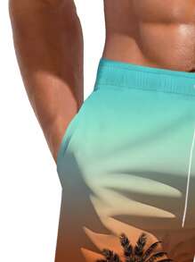 Men's 3D Palm Tree Ombre Print Hawaiian Beach Shorts,Hawaiian - Orange - View 5