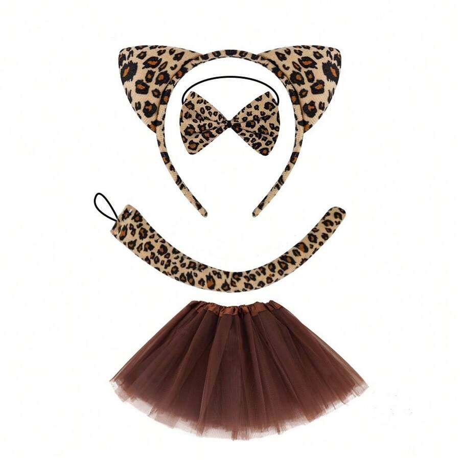 4件套时尚化妆舞会动物发带发卡道具批发豹纹发带豹纹猫耳朵发孔套装适合派对穿着化妆舞会穿着节日礼物生日礼物豹纹耳朵三件套+豹纹脸贴豹纹耳朵三件套+咖啡星纱裙舞会万圣节 - 彩色 - 查看 1