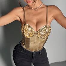 Women's Sparkly Sequin Leotard Rompers Deep V Neck Spaghetti Strap Backless Bodysuit Party Jumpsuit - Yellow - View 3