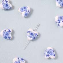5 stuks hartvormige blauwe en witte porseleinen keramische kralen - bloemenprint, losse spacerkralen voor doe-het-zelf sieraden zoals kettingen, armbanden, telefoonhangers, knutselwerkjes en woonaccessoires, geschikt voor Moederdag, afstuderen, Thanksgiving