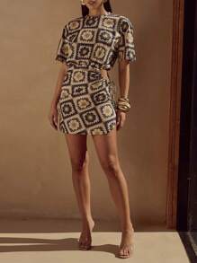 Women's Floral Print Round Neck Dropped Shoulder Drawstring Side Fashionable Mini Dress Summer Vacation Elegant - Khaki - View 4