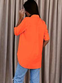 Mid-Long Style Women's Plain Button Long Sleeve Casual Shirt