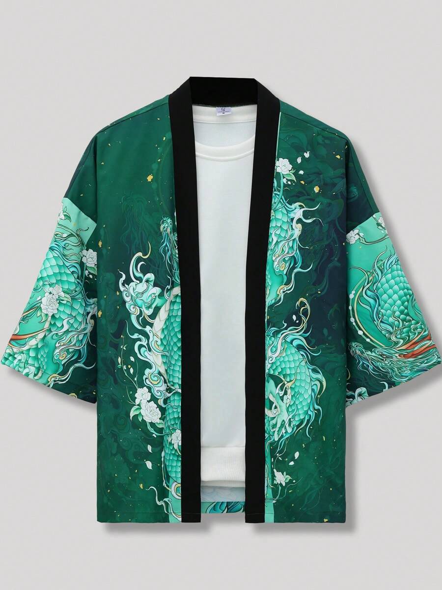 Plus Size Men's Autumn Lotus Flower Wrapped Five-Clawed Dragon Kimono Jacket - Green - View 1