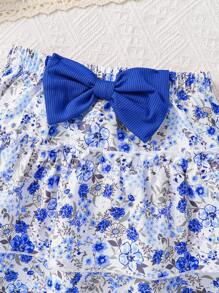 Set de 2 piezas de conjunto de moda de verano para niñas: Camiseta de punto de unicolor + Falda elástica de cintura con lazo y estampado floral diminuto, ropa informal suave y transpirable para exteriores, reuniones y ocio - Azul - Ver 6