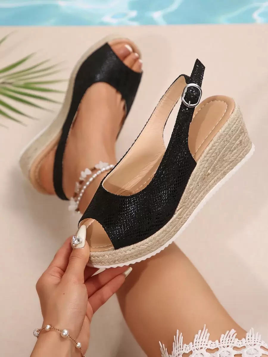 Giày Sandal Đế Xuồng Đế Xuồng Cho Nữ, Giày Sandal Mùa Hè Màu Đen Thoải Mái, Giày Sandal Đế Xuồng Thường Ngày Cho Nữ - màu đen - Xem 1