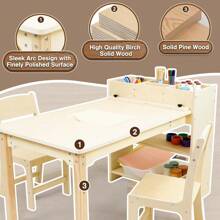 Table d'art pour enfant et 2 chaises, en bois de bouleau, avec espace de rangement, table d'activité pour le bricolage et la peinture, 106 x 58 cm