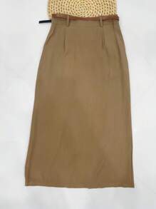 Midi Skirt With Belt High Waist Slit - Mocha Brown - View 2