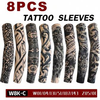 8pcs Set Thin Sunscreen Arm Sleeves For Men, Tattoo Cover Up Cooling Cycling Sleeves, Summer Sleeves Cover Arms Fake Tattoo Arm Warmers Autumn Outfits Halloween Costumes Black Arm Sleeve Gifts For Men