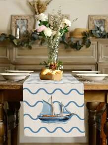 1 件夏季海滩帆船图案桌旗，现代度假风格装饰，适合日常家居厨房装饰、室内/室外派对装饰