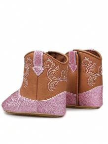 Yibubu Pink Baby Shoes Western Boots Infant Boots Vintage Embroidered Pattern Flat Shoes High-Top Non-Slip First Walking Shoes Outdoor Sports Boots For Infants And Toddlers Spring/Autumn - Pink - View 6