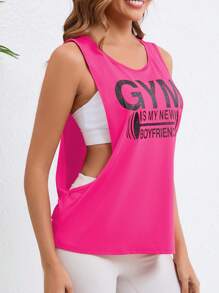 New Season Women's Fitness T-Shirt, Fashion Letter Graphic Printed Athletic Tank Top, Workout Racerback Top, Pink Gym Training Tops - Hot Pink - View 2