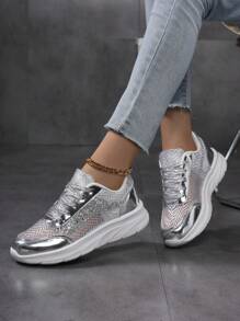 2025 New Women Casual Sneakers, Platform Thick Sole Non-Slip Wear-Resistant Elegant Fashion Gold Lace Mesh Breathable Comfortable Low-Top Round Toe Lace-Up Outdoor Casual Fashionable Luminous Slip-On Versatile Women Flat Shoes