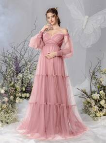 Faeriesty Dressalisa Elegant Off-Shoulder Maternity Gown With Lantern Sleeves & Flowing Tulle A-Line Skirt – Baby Shower Dresses For Bridal Showers, Formal Dinners, Garden Weddings, Maternity Celebrations, Upscale Gatherings