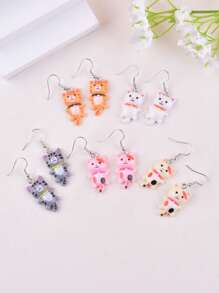 5 Pairs Fashionable Cute Cat Animal Dangle Earrings, Party Jewelry Accessories For Women
