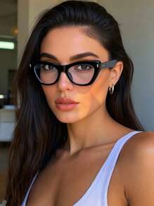 1pc Women's Retro Cat Eye Classic Black Leopard Print Rivet Decorated Decorative Glasses, High-Quality Fashion Plano Lenses