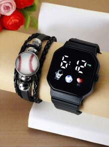 2pcs/ Set 1pc LED Digital Display Electronic Watch + 1pc Football/Basketball/Badminton/Volleyball/Baseball/Rugby Leather Braided Rope Bracelet Personalized Simple Beaded Bracelet Creative Fan Souvenir Gift Bracelet Astronaut Football Basketball Rugby The Best Choice For Holy Day, Christmas, Valentine's Day, Mother's Day, Holiday Gifts - Black - View 15