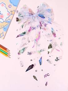 1 件女孩薄纱蝴蝶结发夹 - 可爱彩色铅笔和字母印花设计，带有超大飘逸尾巴，闪亮儿童发夹，学校季节发饰，派对趣味礼物，开学第一天