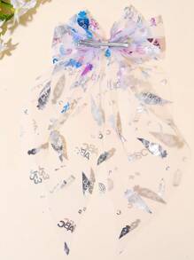 1 件女孩薄纱蝴蝶结发夹 - 可爱彩色铅笔和字母印花设计，带有超大飘逸尾巴，闪亮儿童发夹，学校季节发饰，派对趣味礼物，开学第一天