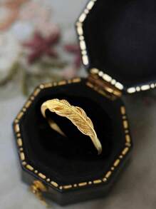 Stylever 1 Peça Anel de Pena Liso Dourado Vintage Luxuoso de Prata Esterlina 925 para Mulheres, Decoração Diária Commuter, Acessórios Para Festa, Anel de Alta Qualidade, Presente de Joias Finas
