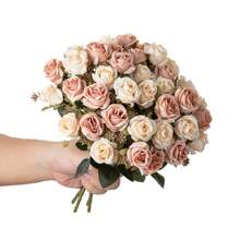 1/3支装仿真丝玫瑰花束，配以人造泡沫水果，适合春秋季装饰、情人节新娘捧花、婚礼花瓶、家居、房间、餐厅、卧室、浴室、厨房装饰、母亲节、节日生日派对、户外花园装饰。 - 玫瑰花束-淺咖色 - 查看 4