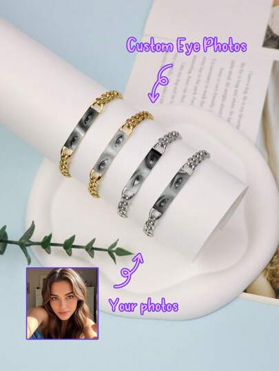 1PC Customized Eye Photo Bracelet, Stainless Steel Personalized Engraved Eye Memory Bracelet, DIY Couple Jewelry Gift Fashion Adjustable Bangle For Women & Classic Curved Plate Men, Birthday, Anniversary, Thanksgiving Gift, Valentine's Day Gifts