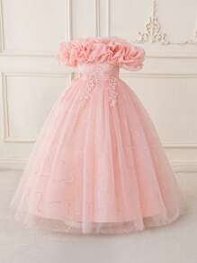 少女褶皱露肩粉色派对礼服，花卉刺绣生日宴会少女服装，优雅婚礼毕业舞会礼服 - 粉色 - 查看 4