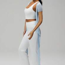 Womens Ballet Wrap Top Short Sleeve Tie Front Workout Cover Up Pilates Yoga Tops Deep V Neck Slim Fit Sports Active Tops Y2k Fairy Coquette Shirt Going Out - Màu xanh lam - Xem 3