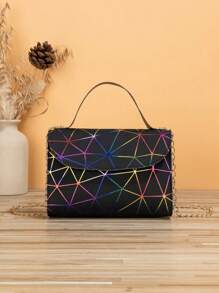 Fashionable Geometric Triangle Rhinestone Rhombus Shape Laser Holographic Small Square Bag With Flap Crossbody Chain Shoulder Bag, Large Capacity Evening Tote Bag, PU Leather Horizontal Elegant Women Handbag