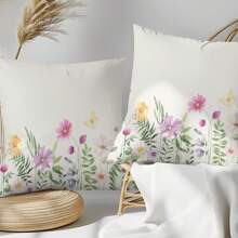 Juego de 4 fundas de almohada con estampado de flores silvestres, plantas verdes silvestres y mariposas voladoras con flores coloridas en un borde horizontal acuarelado de verano y primavera. Decoración perfecta para tu sofá, hogar, habitación, oficina, sala de estar y embellecimiento del sofá (sin relleno de almohada) con impresión unilateral.