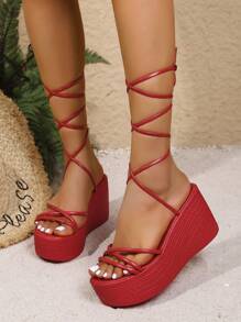 Women's Fashion Minimalist Style Lace-Up Vacation Waterproof Platform Wedge Sandals
