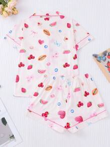 Two-Piece Fruit Print Pajamas For Women, Casual And Comfortable Short-Sleeved Shirt And Shorts Set, Women's Pajamas - 白色 - 查看 2
