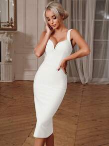 Women's Fantasy Spaghetti Strap V Neck Midi Bodycon Dress Summer Bandage Dress White Elegant Wedding Evening Cocktail Party Dress Sexy Clothes - White - View 3