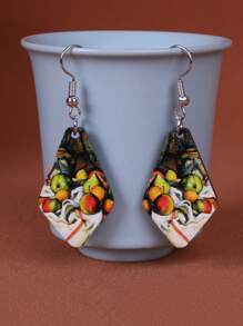 1 Pair Vintage Style Double-Sided Painting Wooden Geometric Earrings, Suitable For Everyday Wear And Vacation