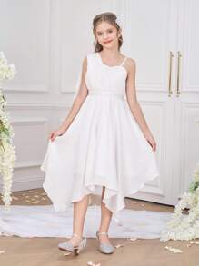 女童不对称白色生日派对礼服，童话公主毕业典礼派对伴娘婚礼舞会礼服，演出服 - 白色 - 查看 4