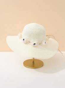 1pc Women's Summer New Chiffon Floral Beach Hat, Woven Straw Hat, Large Brim UV Protection Sun Hat For Outdoor Travel - Round Straw Hat - View 6