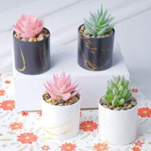 1 件人造多肉植物盆，仿大理石图案设计花盆，免维护装饰，适用于卧室、客厅、办公室家居、夏季配件 - 綠 - 查看 3