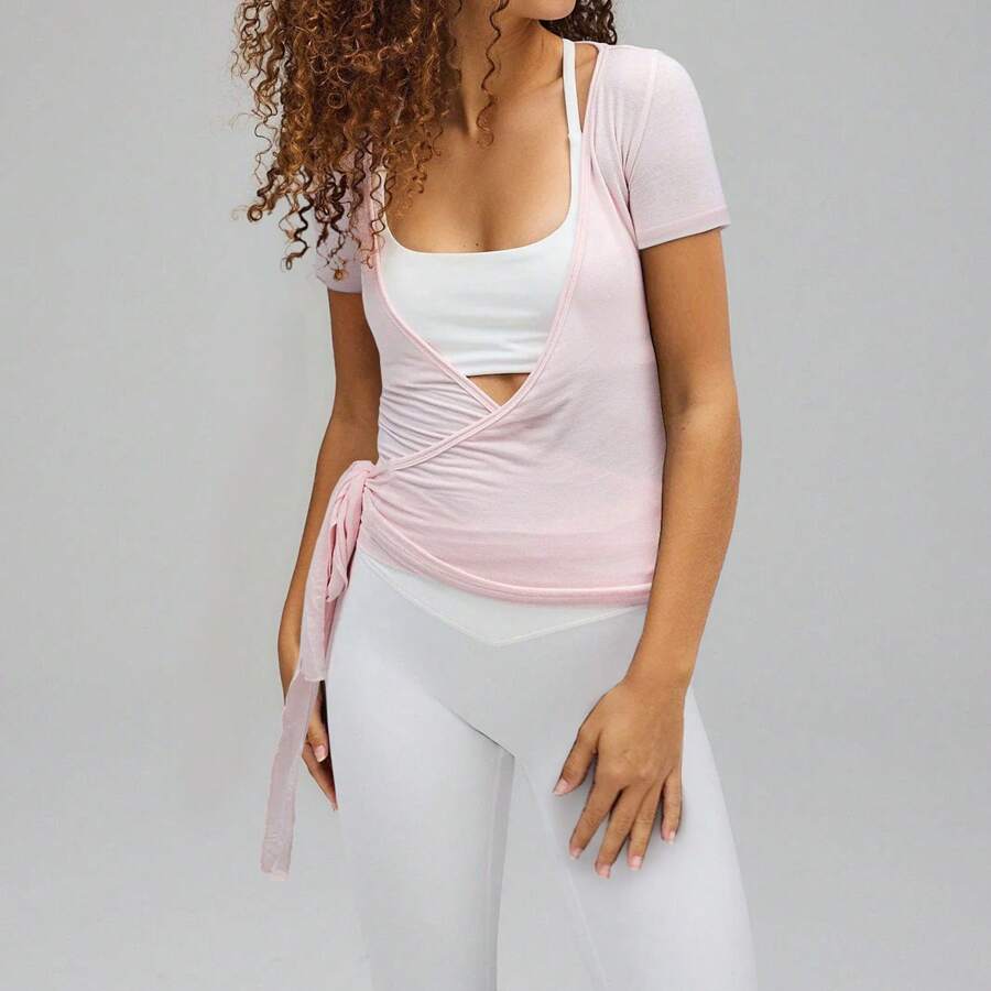 Womens Ballet Wrap Top Short Sleeve Tie Front Workout Cover Up Pilates Yoga Tops Deep V Neck Slim Fit Sports Active Tops Y2k Fairy Coquette Shirt Going Out - 粉色 - 查看 1