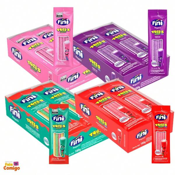 Kit 48 Pacotinhos Fini 15g Tubes Azedinho Morango Uva Tutti Frutti Três Cores