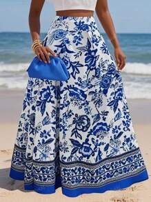 Women Floral Print High Waist Maxi Casual Skirt, Suitable For Holiday